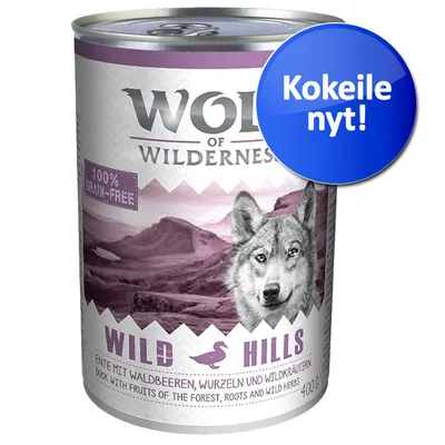 Wolf of Wilderness Wild Hills, 100% grain-free, Kokeile nyt! 400 g. Ente mit Waldbeeren, Wurzeln und Wildkräutern. Duck with fruits of the forest, roots and wild herbs.