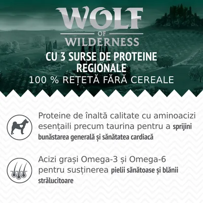 Wolf of Wilderness. Cu 3 surse de proteine regionale. 100 % rețetă fără cereale. Proteine cu taurină pentru sănătatea cardiacă, acizi grași Omega-3 și Omega-6 pentru piele și blană strălucitoare.