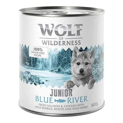 Lot Wolf of Wilderness - Single Protein pour chien 24 x 800 g - Junior Blue River, poulet, saumon