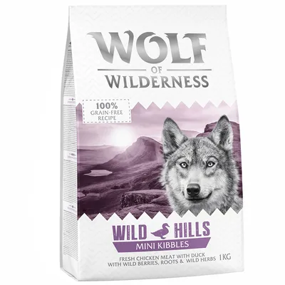 Wolf of Wilderness Wild Hills Mini Kibbles, 100% grain-free recipe, viande de poulet frais avec canard, baies sauvages, racines et herbes, 1 kg