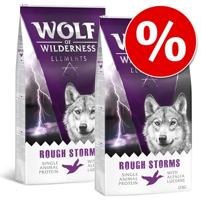 WOLF OF WILDERNESS ELEMENTS Rough Storms, Single Animal Protein, with Alfalfa Lucerne, 12 kg. Prozentzeichen für Rabattaktion sichtbar.