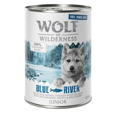 Wolf of Wilderness Blue River Junior, 100% kornfri opskrift, fritgående kylling med laks, vilde bær, rødder og urter, 400g dåse.