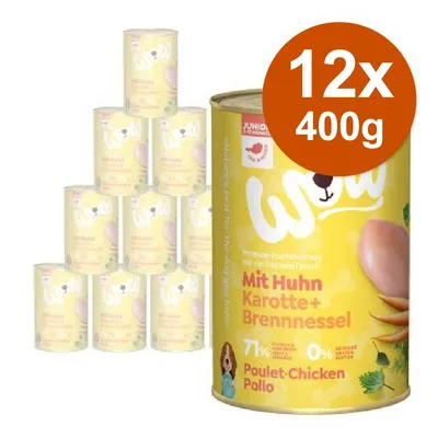 12 lattine da 400 g di WOW Mit Huhn Karotte + Brennnessel, pollo, carota e ortica. Testo visibile: 71% Fleisch, 0% Getreide, Poulet-Chicken-Pollo.