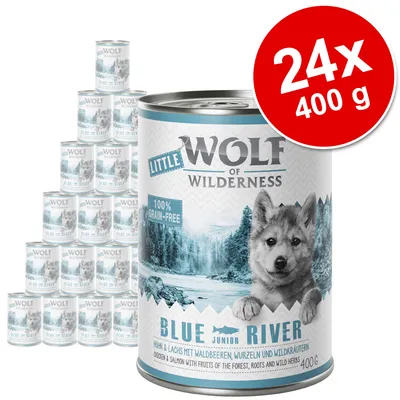 Lot de 24 boîtes Little Wolf of Wilderness Blue River, 400 g chacune. Texte visible : 100 % grain-free, Junior, Chicken & Salmon with fruits of the forest, roots and wild herbs. Lot de 24 boîtes Little Wolf of Wilderness Blue River, 400 g chacune. Texte visible : 100 % grain-free, Junior, Chicken & Salmon with fruits of the forest, roots and wild herbs.