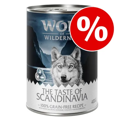 Wolf of Wilderness The Taste of Scandinavia, 400 g, viljaton resepti. Tarjousmerkintä prosenttimerkillä pakkauksen päällä.