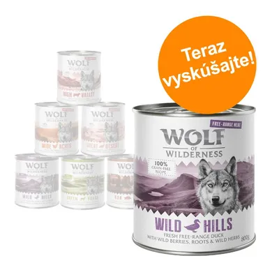Konzervy Wolf of Wilderness, varianty Wild Hills, High Valley, Great Desert, Green Fields, Wide Acres. Text na oranžovom kruhu: Teraz vyskúšajte!