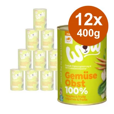 Confezione da 12 lattine Wow Gemüse Obst 100%, ciascuna da 400 g. Testo visibile: Veggies & fruits, Legumes & fruits. Immagine di verdure e frutta sulla confezione.