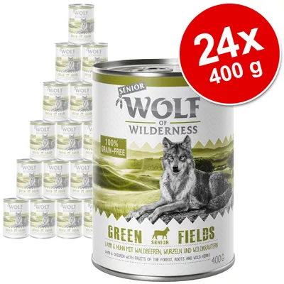 Wolf of Wilderness Senior Green Fields, 24x400 g, 100% grain-free. Slika prikazuje limenke pseće hrane s natpisima: SENIOR, GREEN FIELDS, 400 g.