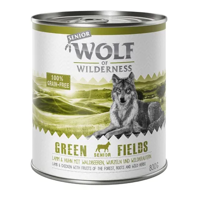 Wolf of Wilderness Senior Green Fields, 100% fără cereale, miel și pui cu fructe de pădure, rădăcini și ierburi sălbatice, conservă 800g.
