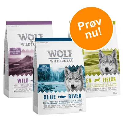 Tre poser Wolf of Wilderness tørfoder, varianter: Wild Hills, Blue River og Green Fields. Tekst: 100% grain-free recipe. Orange cirkel med teksten 'Prøv nu!'. Hver pose indeholder 1 kg.