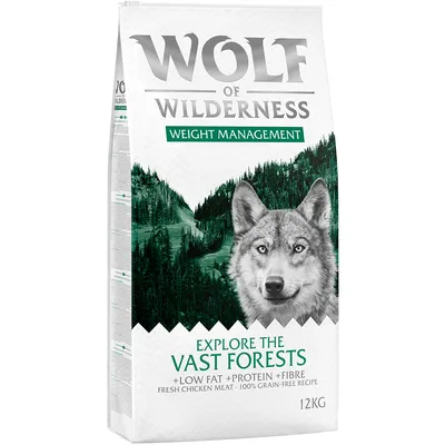 Wolf of Wilderness Weight Management, Explore the Vast Forests, low fat, protéine, fibre, fresh chicken meat, 100 % grain-free recipe, 12 kg. Texte en anglais.