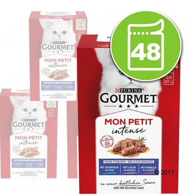 Purina Gourmet Mon Petit Intense, assortiment de sachets pour chat, 48 unités. Variétés visibles : au thon, au saumon, à la truite. Texte en allemand et français sur l’emballage.