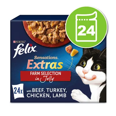 Boîte Felix Sensations Extras Farm Selection in Jelly, 24 sachets avec bœuf, dinde, poulet, agneau. Image de nourriture en gelée et chat illustré sur l’emballage.