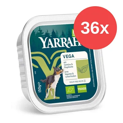 Yarrah VEGA 150 g, 36x. mit Gemüse & Hagebutte, VEGGIE, NL-BIO-01, EU/non-EU Agriculture. Zobrazeno balení s obrázkem psa.