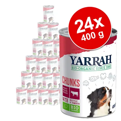 Lot de 24 boîtes Yarrah Chunks 400 g, bio-organic since 1992, avec bœuf, ortie et tomate, BIO ORGANIC, image d’un chien sur l’emballage.