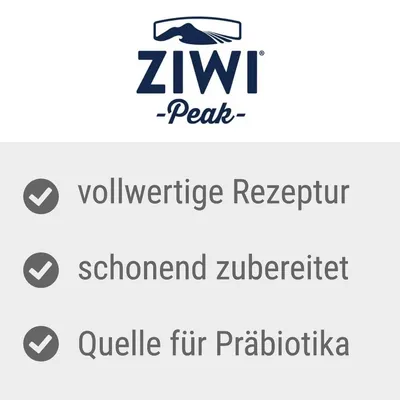 Ziwi Peak. Vollwertige Rezeptur, schonend zubereitet, Quelle für Präbiotika.