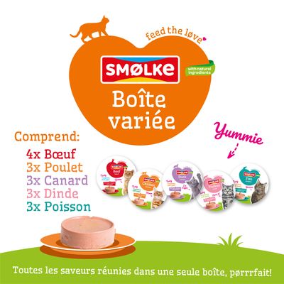 Smølke Boîte variée. Contient 4x bœuf, 3x poulet, 3x canard, 3x dinde, 3x poisson. Avec des ingrédients naturels. Toutes les saveurs réunies dans une seule boîte.