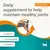 Daily supplement to help maintain healthy joints, with omega 3, glucosamine and vitamin C. Maintenance level 1 indicated. Diagram highlights joint areas.