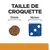 Taille de croquette : 11 mm à côté d’un dé bleu de 16 mm, texte visible « TAILLE DE CROQUETTE » en haut de l’image.