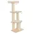 Árvore para gatos com três plataformas almofadadas em bege, postes revestidos a sisal e duas bolas penduradas. Base quadrada em madeira clara visível.