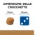 Dimensione delle crocchette: confronto tra una crocchetta da 11 mm e un dado blu da 16 mm, testo visibile 'DIMENSIONE DELLE CROCCHETTE'