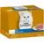 Purina Gourmet Gold Pâté, 24x85g, varianti: manzo, coniglio, agnello, vitello. Confezione con gatto bianco e immagine di pâté su piatto.