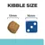 Kibble size comparison showing a 13mm kibble piece next to a 16mm blue dice for reference.