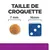 Taille de croquette : diamètre 7 mm, comparée à un dé bleu de 16 mm. Texte visible : TAILLE DE CROQUETTE, 7 mm, 16 mm.
