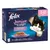 Purina Felix Junior mixed selection in jelly, 12x pouches for cats aged 2–12 months. Visible text: Rind, Huhn, Sardine, Lachs; Bœuf, Poulet, Sardine, Saumon. Packaging shows cartoon cat.
