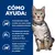 Formulado para reducir el estrés, disolver los cálculos de estruvita en 7 días y proporcionar saciedad entre las comidas. Texto en español con imagen de un gato.