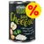 Tin showing 100% vegetarian, grain-free recipe, complete pet food with apple, egg, broccoli and cheese ingredients. Yellow percentage discount symbol displayed.