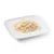 Close-up of shredded chicken meat with yellow pieces on a white plate, presented as product image.