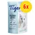 Tigerino Crystals Silicate Litter Classic, Sensitive, 5L. Pakke med 6x. Tekst: Light & economical, stops odours before they arise, inhibits bacterial growth, dust-free.