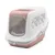 Closed cat litter box with pink lid, transparent entrance and flamingo pattern on the side.