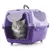Grey tabby cat sitting inside a purple plastic pet carrier with ventilation slits and a handle on top, showing the carrier in use.
