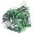 Balle pour chat composée de filet vert en plastique et de feuilles métalliques argentées froissées, sans marque visible.