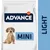 Confezione di crocchette per cani con testo visibile: Advance affinity, MINI, LIGHT. Immagine di un cane di piccola taglia sulla confezione.