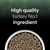 Text states high quality turkey is the number one ingredient, shown above a bowl filled with dry pet food kibble.
