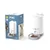 Catit Pixi Smart Futterautomat, weiss, mit Katzengesicht-Design und grauer Futterschale. Verpackung zeigt Produktbild und Katze beim Fressen.