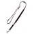 Adjustable brown leather lead with metal clips and buckle, shown fully extended to display fastening points and length options.