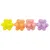 Quatre balles en plastique à picots pour animaux, couleurs jaune, orange, rose et violet, alignées sur fond blanc.