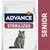 Confezione Advance Sterilized Senior affinity, immagine di un gatto grigio seduto. Testo visibile: ADVANCE, STERILIZED, SENIOR, affinity.