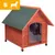 Wooden outdoor pet house with green roof, plastic flap door and raised feet. Yellow label in corner shows size S with animal silhouette. Wooden outdoor pet house with green roof, plastic flap door and raised feet. Yellow label in corner shows size S with animal silhouette.