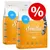 Two bags of Smilla Adult Fish cat food, 4kg each, with visible icons for high acceptance, contains taurine, omega fatty acids, yucca schidigera. Red percentage discount symbol shown.