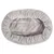Ovale, grijze pluche dierenmand met opstaande rand, volledig zichtbaar van bovenaf. Materiaal: stof.