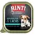 Rinti Finest Geflügel pur & Lachs, helle Filetstücke, ohne Innereien, ohne Leber. Testo in tedesco sulla confezione con immagine di cane.