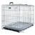 Metal wire pet crate with front and side doors, secure latches, a handle on top, and a removable tray at the base. Includes a soft grey mat inside.