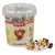 DIBO Mini-Leckerli-Mix, 500g Eimer mit bunten Knochenförmigen Snacks. Zutaten und QR-Code auf der Verpackung sichtbar.
