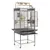Grande cage à oiseaux en métal sur roulettes, perchoirs en bois, deux gamelles en acier inoxydable, jouets suspendus, porte ouverte et plateau amovible visible sous la cage.