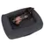 Dog lying relaxed in a dark grey dog bed with padded sides and handle at the front.
